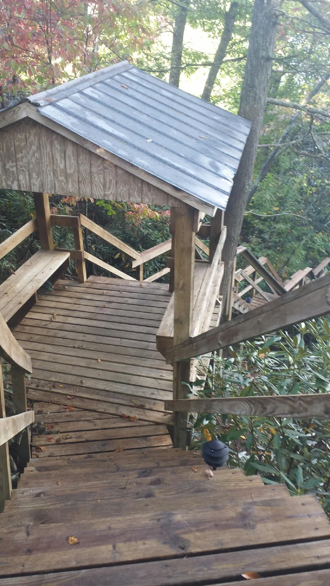 Metal roofed shelter over wooden steps on a wooded walkway — Skylight Repair & Installation work by our crew in Leonard